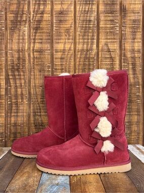 Koolaburra By UGG Victoria Red Wine Color Tall Boots With Pom-Pom Bows